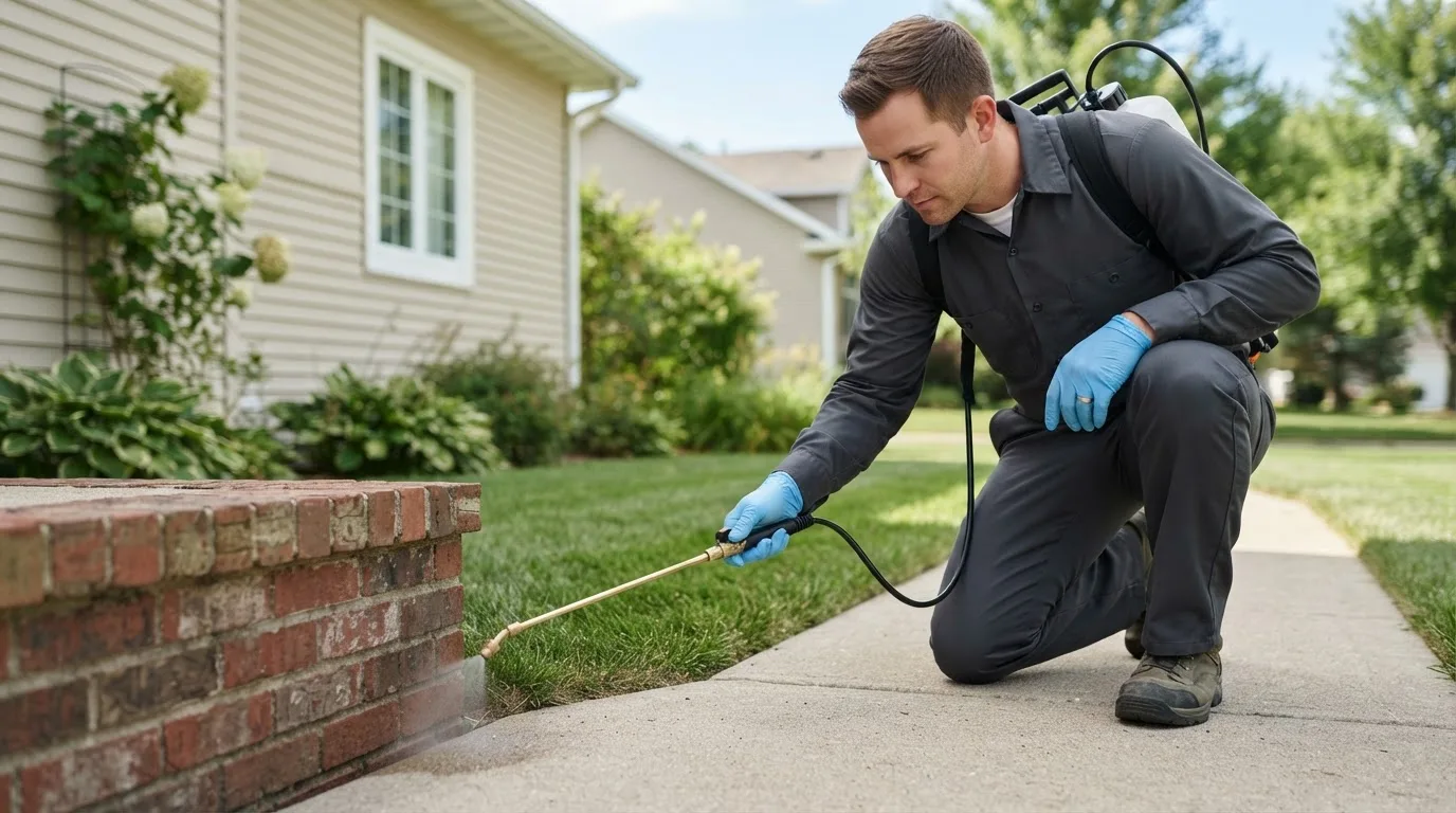 Pest control technician treating a home near Bluefield, VA